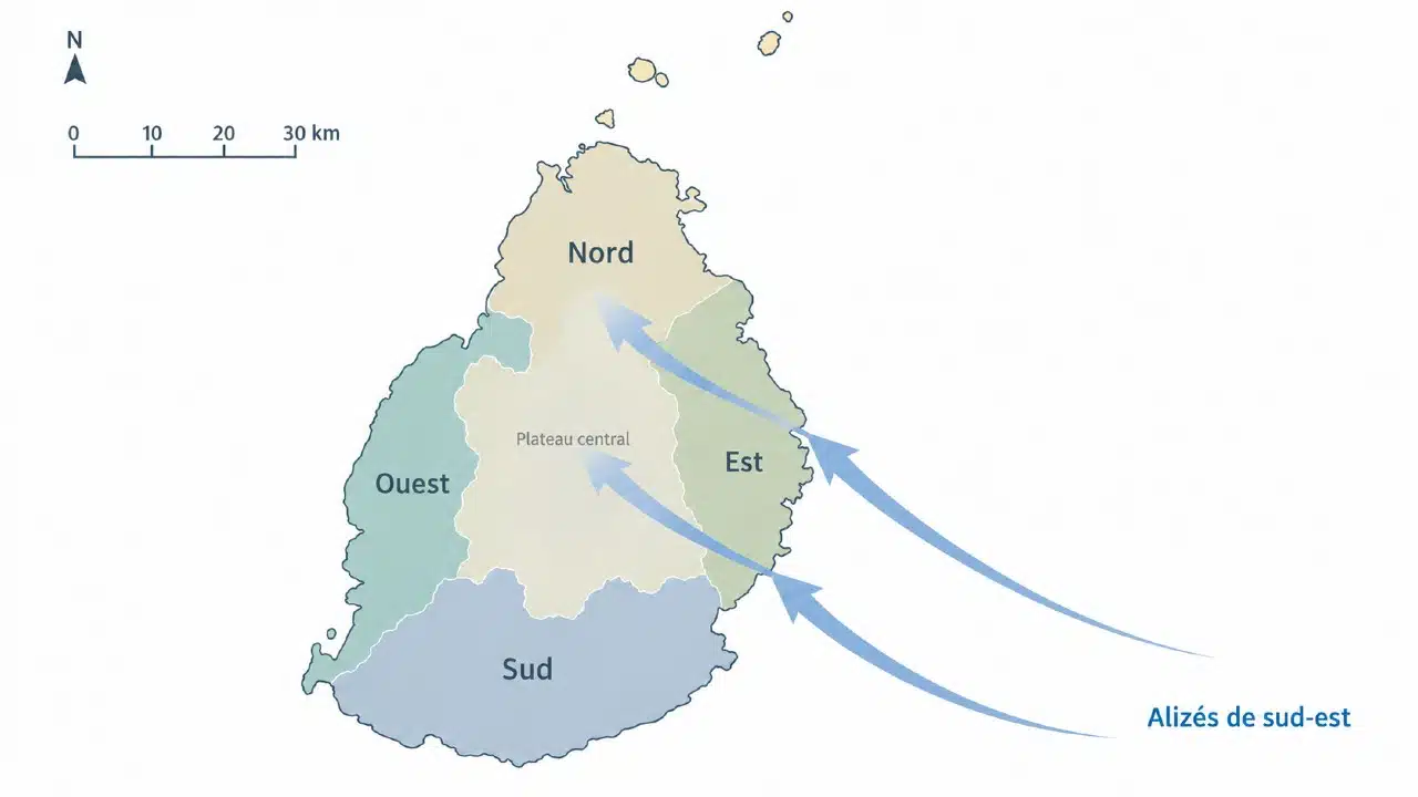 Carte de l'île Maurice montrant les quatre façades côtières, nord, est, sud et ouest, et la direction des alizés de sud-est.